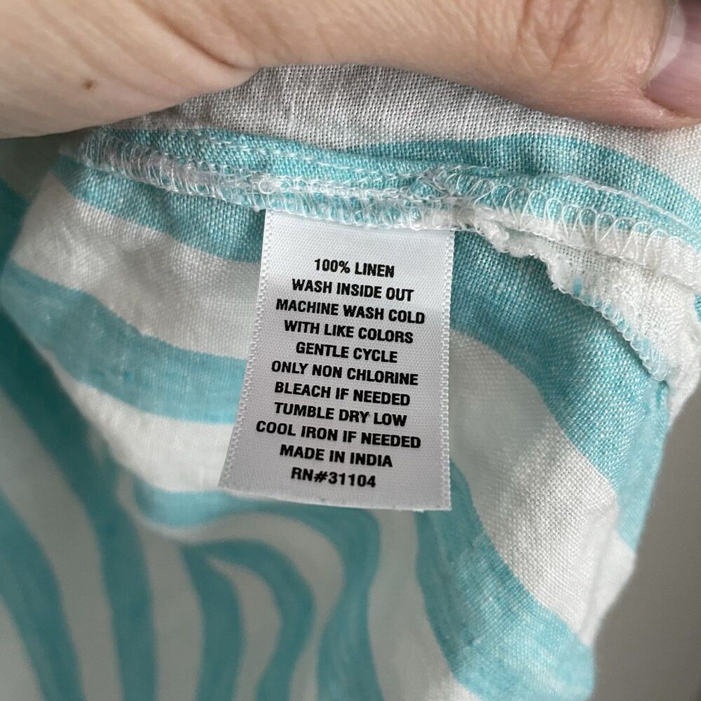 Crown & Ivy Size 1X Blue White Striped 100% Linen Sleeveless Ruffle Collar Shirt - Picture 4 of 6